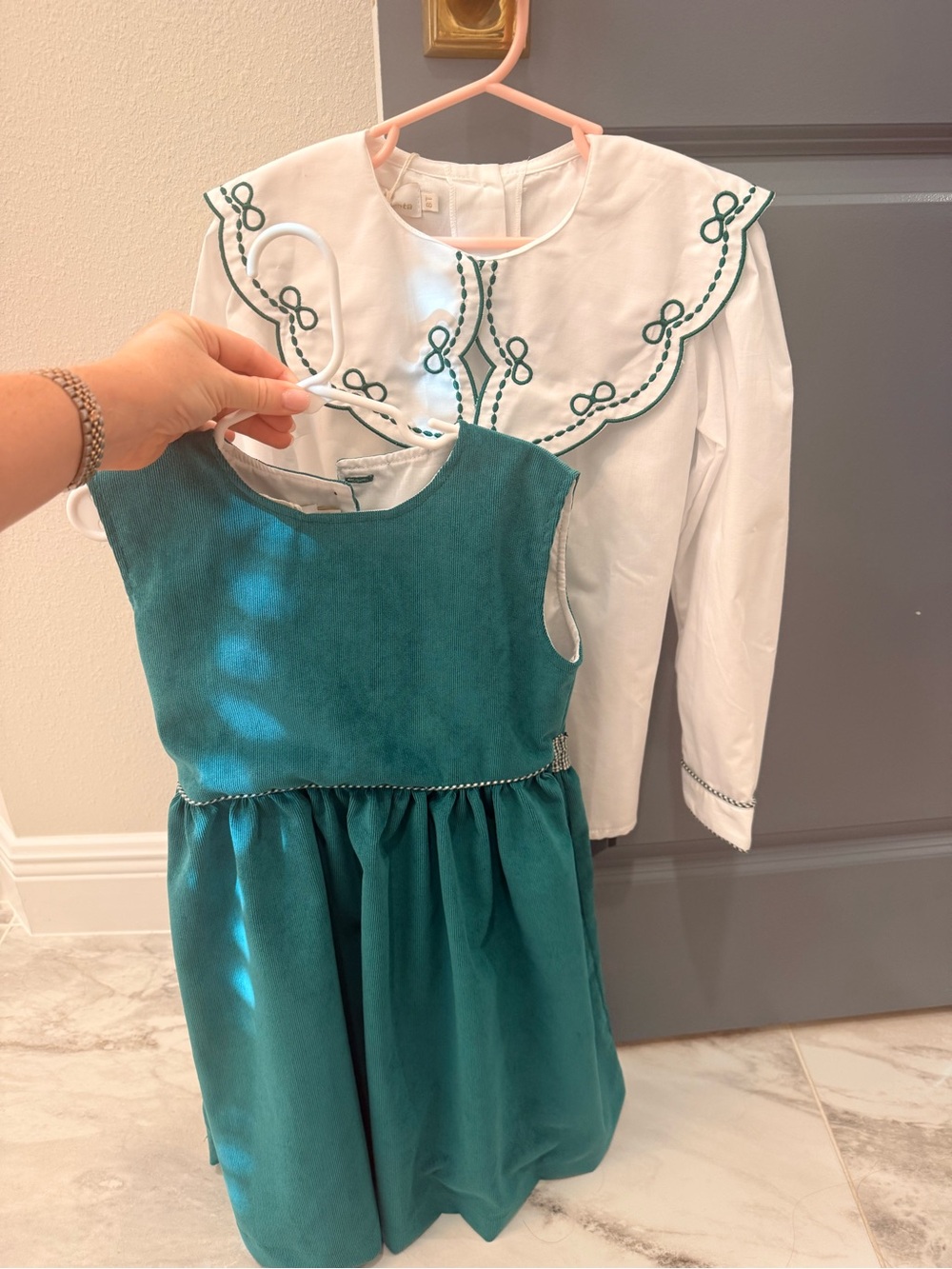 Girls Green Corduroy Dress with White Embroidered Collar Blouse - Sal & Pimenta